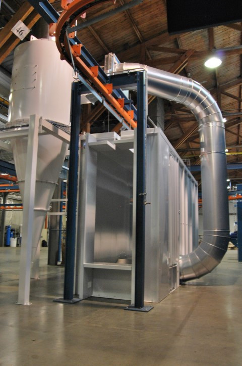 Cabine poudrage traversante avec cyclone de récupération des poudres Cabine poudrage traversante avec cyclone de récupération des poudres