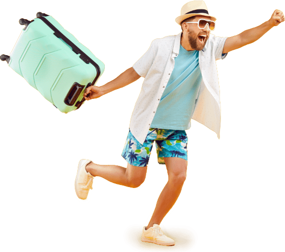 Eager traveller hauling backpack behind him in enthusiastic sprint shadowed