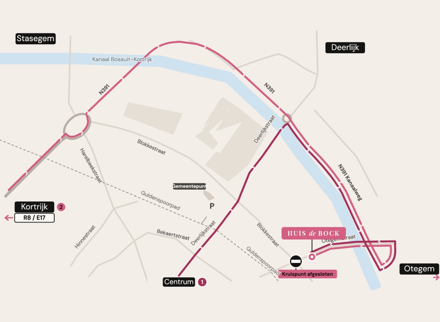 Kaart van de omleiding: Huis De Bock is bereikbaar via de kant van het kanaal, uit de richting van Otegem
