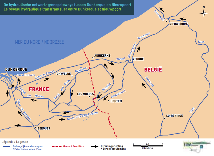 De hydraulische netwerk-grensgateways tussen Duinkerke en Nieuwpoort