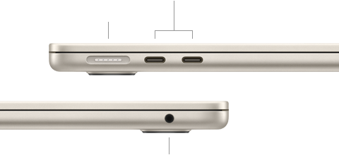 Linkerzijde van gesloten MacBook Air, met MagSafe-poort en twee Thunderbolt-poorten, rechterzijde met mini‑jack-aansluiting