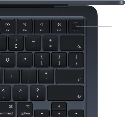 MacBook Air-toetsenbord, rechtsboven, waarbij wordt aangegeven waar de Touch ID-knop zit