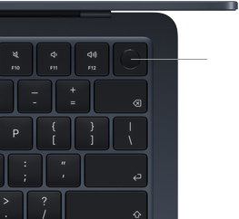 MacBook Air-toetsenbord, rechtsboven, waarbij wordt aangegeven waar de Touch ID-knop zit