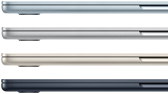 Zijaanzicht van vier MacBook Air-laptops in vier verschillende uitvoeringen