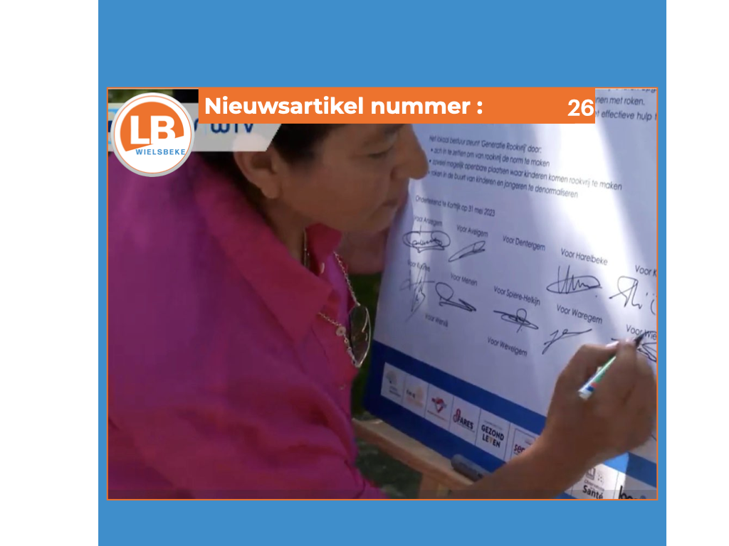 Schepen Rachida ondertekent namens gemeente Wielsbeke charter, generatie rookvrij Schepen Rachida ondertekent namens gemeente Wielsbeke charter, generatie rookvrij