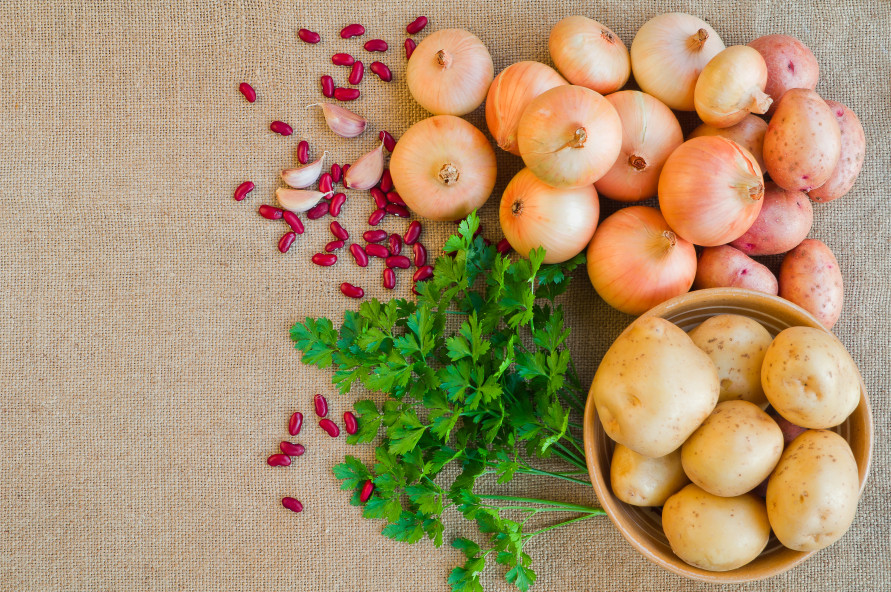 fresh potatoes and onions