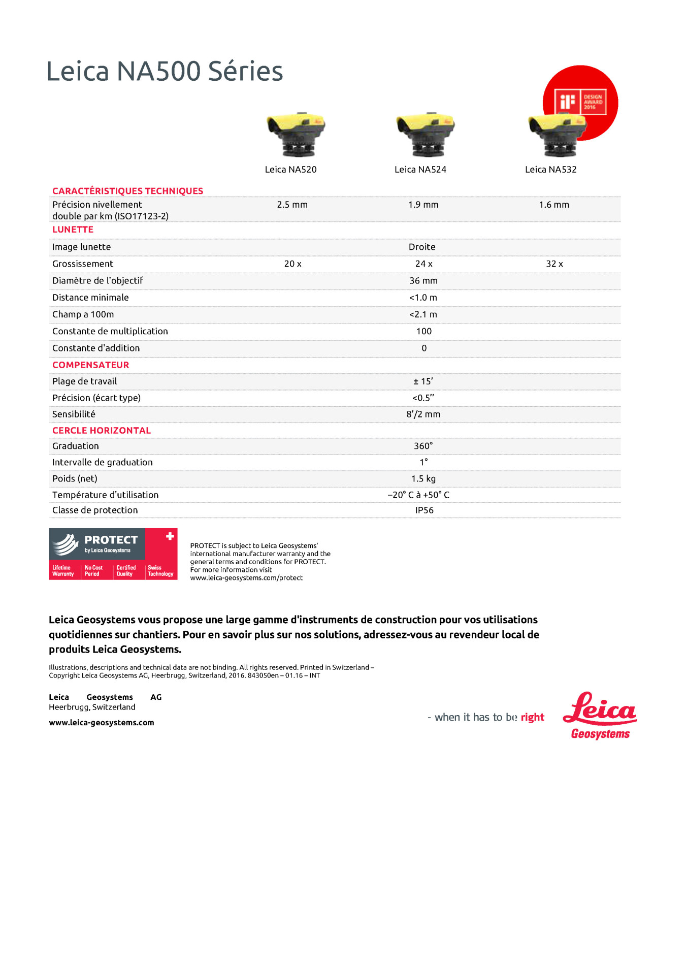 Leica Waterpastoestel 500-series specs_fr