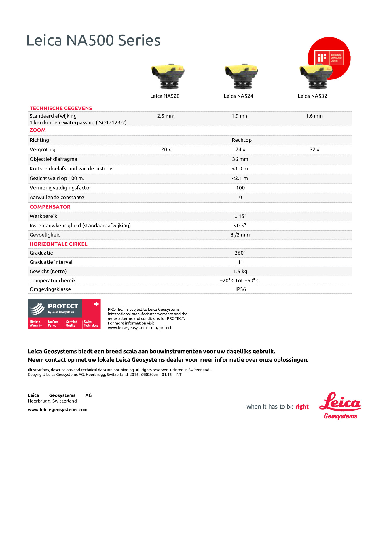 Leica Waterpastoestel 500-series specs_nl